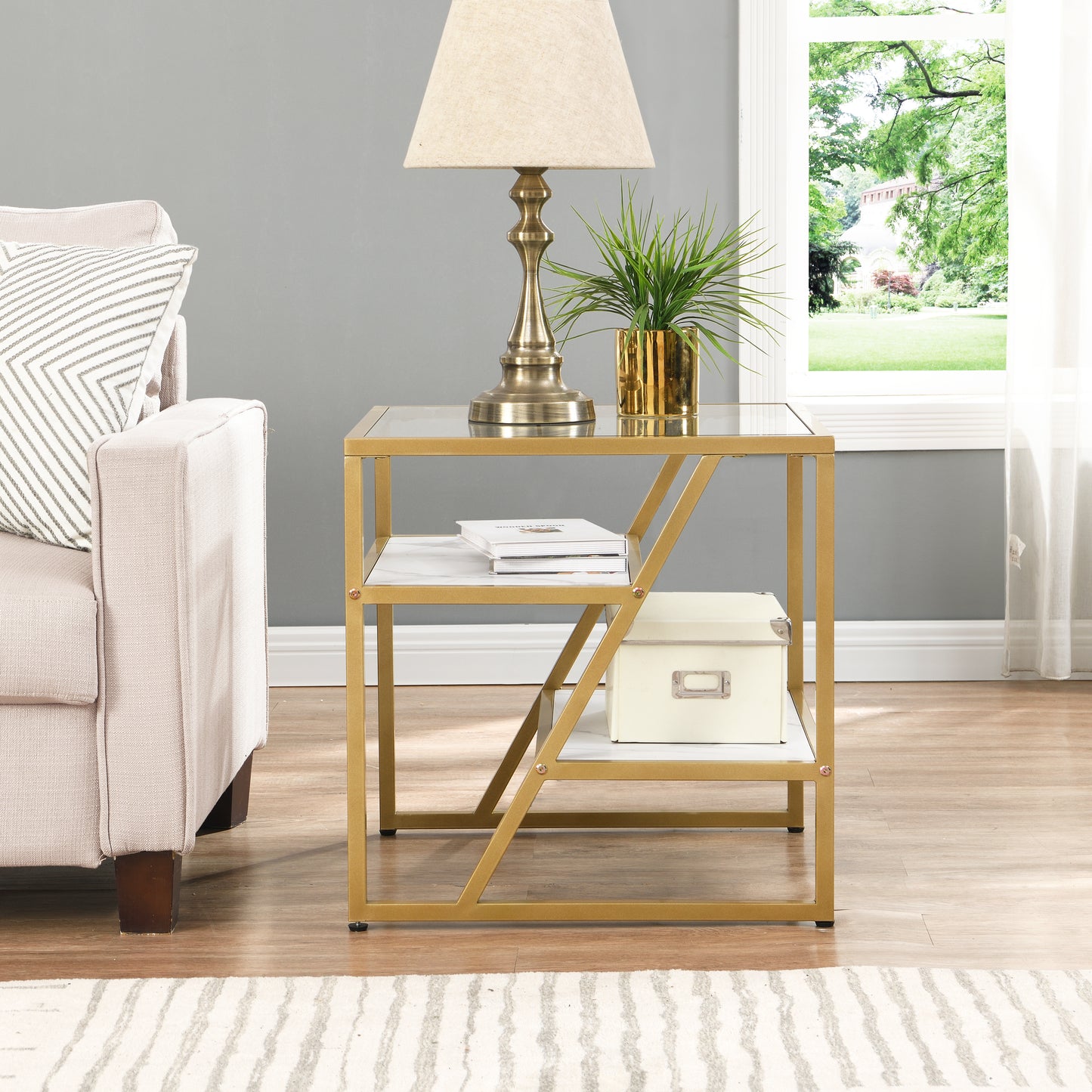 Lynn Square Marble End Table Gold+White