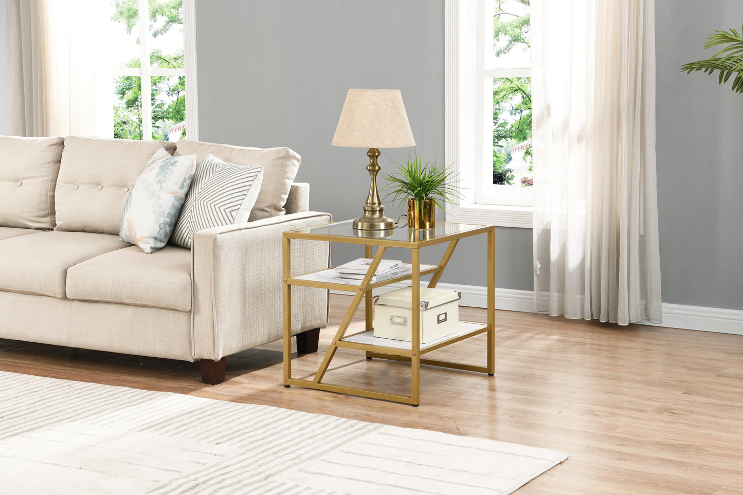 Lynn Square Marble End Table Gold+White